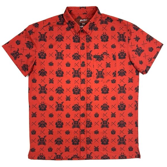 Retro Rifle McDojoLife Mens Shirt Red Samurai All Over Size Large Button Down - Picture 2 of 13